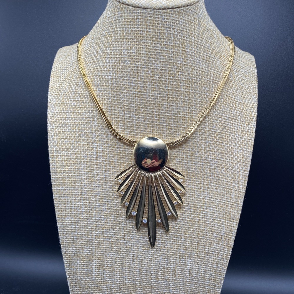 Unsigned Gold Tone Necklace 1980s Atomic Sunburst Brutalist Gold 24"